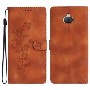 For Sony Xperia 10 Flower Butterfly Embossing Pattern Leather Phone Case(Brown)