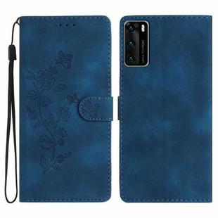 For Huawei P40 Flower Butterfly Embossing Pattern Leather Phone Case(Blue)