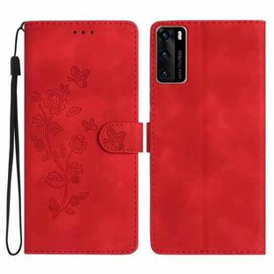 For Huawei P40 Flower Butterfly Embossing Pattern Leather Phone Case(Red)
