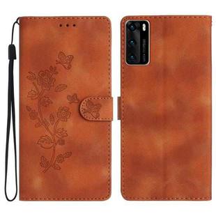 For Huawei P40 Flower Butterfly Embossing Pattern Leather Phone Case(Brown)