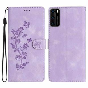 For Huawei P40 Flower Butterfly Embossing Pattern Leather Phone Case(Purple)