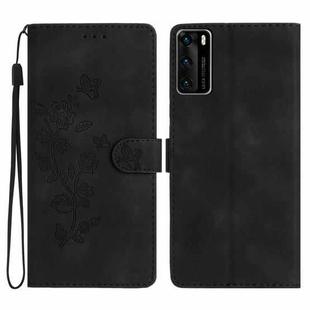 For Huawei P40 Flower Butterfly Embossing Pattern Leather Phone Case(Black)