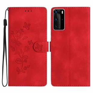 For Huawei P40 Pro Flower Butterfly Embossing Pattern Leather Phone Case(Red)