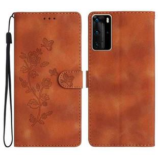 For Huawei P40 Pro Flower Butterfly Embossing Pattern Leather Phone Case(Brown)