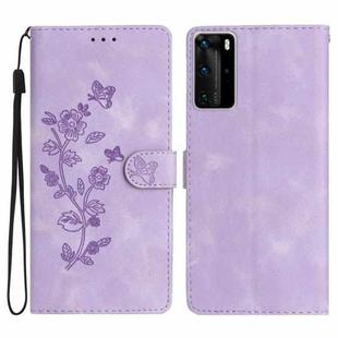 For Huawei P40 Pro Flower Butterfly Embossing Pattern Leather Phone Case(Purple)