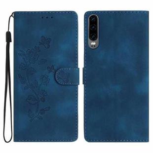 For Huawei P30 Flower Butterfly Embossing Pattern Leather Phone Case(Blue)