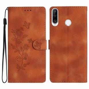 For Huawei P30 lite Flower Butterfly Embossing Pattern Leather Phone Case(Brown)