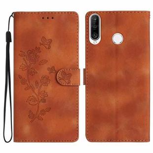 For Huawei Y6p Flower Butterfly Embossing Pattern Leather Phone Case(Brown)