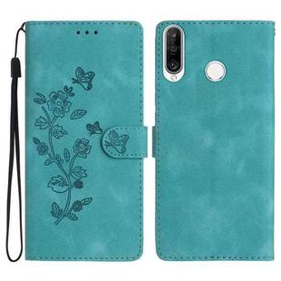 For Huawei Y6p Flower Butterfly Embossing Pattern Leather Phone Case(Sky Blue)