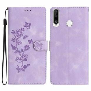 For Huawei Y6p Flower Butterfly Embossing Pattern Leather Phone Case(Purple)
