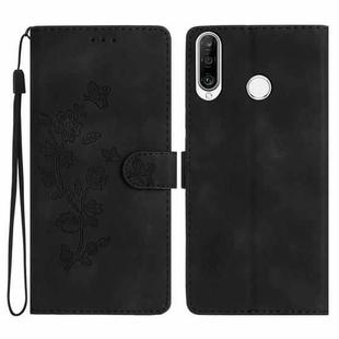 For Huawei Y6p Flower Butterfly Embossing Pattern Leather Phone Case(Black)