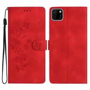 For Huawei Y5p Flower Butterfly Embossing Pattern Leather Phone Case(Red)