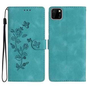 For Huawei Y5p Flower Butterfly Embossing Pattern Leather Phone Case(Sky Blue)