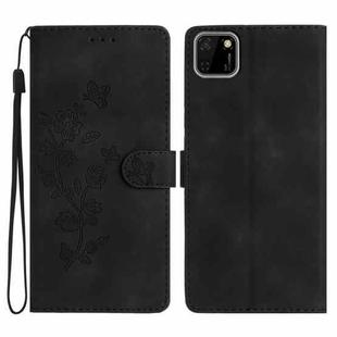 For Huawei Y5p Flower Butterfly Embossing Pattern Leather Phone Case(Black)