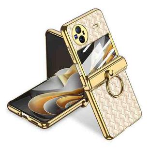 For vivo X Flip GKK  Shaft Electroplated Plain Leather Woven Texture Phone Case with Ring(Champagne Gold)