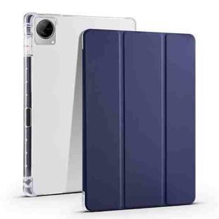 For vivo Pad 11 3-folding Transparent TPU Smart Leather Tablet Case with Pen Slot(Dark Blue)