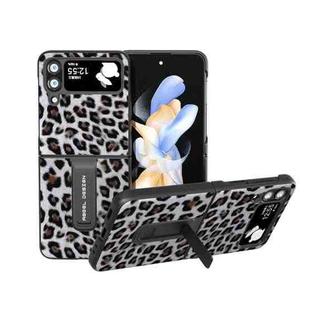 For Samsung Galaxy Z Flip4 Black Edge Leopard Phone Case with Holder(Silver)