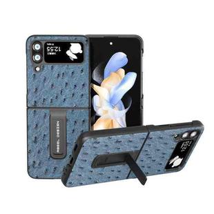 For Samsung Galaxy Z Flip4 Genuine Leather Ostrich Texture Phone Case with Holder(Blue)