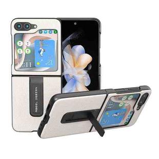 For Samsung Galaxy Z Flip5 ABEEL Genuine Leather Wave Black Edge Phone Case with Holder(Grey)