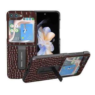 For Samsung Galaxy Z Flip5 ABEEL Genuine Leather Crocodile Pattern Phone Case with Holder(Coffee)