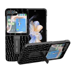 For Samsung Galaxy Z Flip5 ABEEL Genuine Leather Crocodile Pattern Phone Case with Holder(Black)