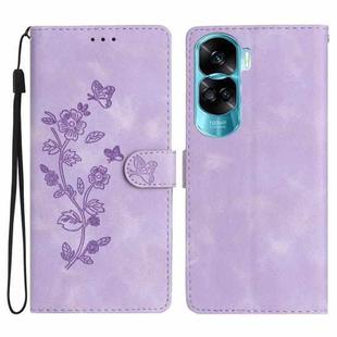 For Honor 90 Lite Flower Butterfly Embossing Pattern Leather Phone Case(Purple)