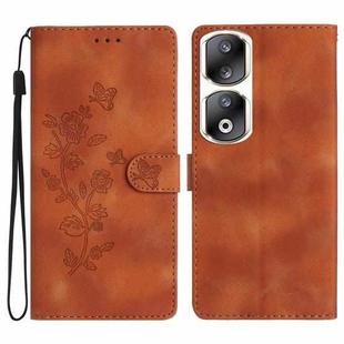 For Honor 90 Pro Flower Butterfly Embossing Pattern Leather Phone Case(Brown)