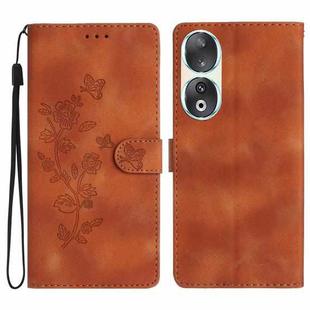For Honor 90 Flower Butterfly Embossing Pattern Leather Phone Case(Brown)