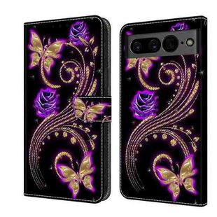 For Google Pixel 7 Crystal 3D Shockproof Protective Leather Phone Case(Purple Flower Butterfly)