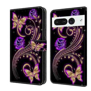 For Google Pixel 7 Pro Crystal 3D Shockproof Protective Leather Phone Case(Purple Flower Butterfly)