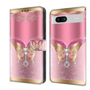 For Google Pixel 7a Crystal 3D Shockproof Protective Leather Phone Case(Pink Bottom Butterfly)