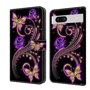 For Google Pixel 7a Crystal 3D Shockproof Protective Leather Phone Case(Purple Flower Butterfly)