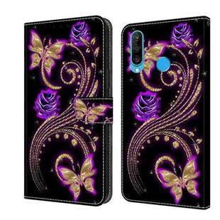 For Huawei P20 Pro Crystal 3D Shockproof Protective Leather Phone Case(Purple Flower Butterfly)