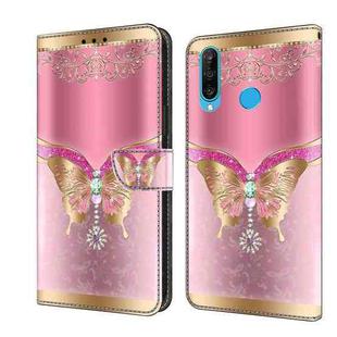 For Huawei P30 Lite Crystal 3D Shockproof Protective Leather Phone Case(Pink Bottom Butterfly)