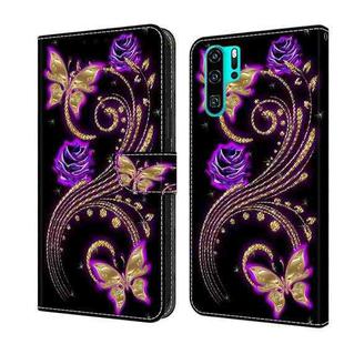 For Huawei P30 Pro Crystal 3D Shockproof Protective Leather Phone Case(Purple Flower Butterfly)