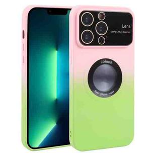 For iPhone 13 Pro Max Gradient Silicone Shockproof Magsafe Phone Case with Lens Film(Pink Green)