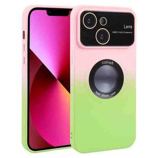 For iPhone 13 Gradient Silicone Shockproof Magsafe Phone Case with Lens Film(Pink Green)