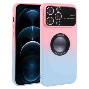 For iPhone 12 Pro Max Gradient Silicone Shockproof Magsafe Phone Case with Lens Film(Pink Blue)