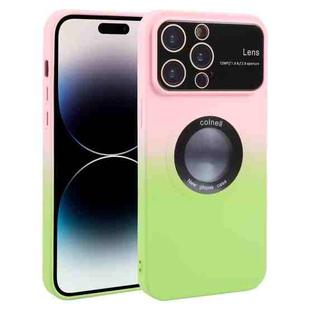 For iPhone 15 Pro Max Gradient Silicone Shockproof Magsafe Phone Case with Lens Film(Pink Green)