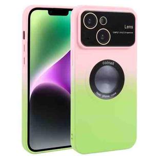 For iPhone 15 Gradient Silicone Shockproof Magsafe Phone Case with Lens Film(Pink Green)