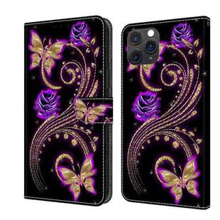 For iPhone 11 Pro Max Crystal 3D Shockproof Protective Leather Phone Case(Purple Flower Butterfly)