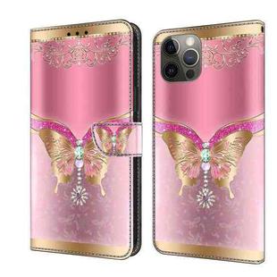 For iPhone 12 / 12 Pro Crystal 3D Shockproof Protective Leather Phone Case(Pink Bottom Butterfly)