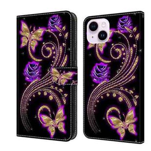 For iPhone 14 Plus Crystal 3D Shockproof Protective Leather Phone Case(Purple Flower Butterfly)