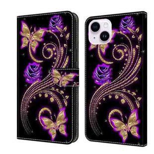 For iPhone 15 Plus Crystal 3D Shockproof Protective Leather Phone Case(Purple Flower Butterfly)