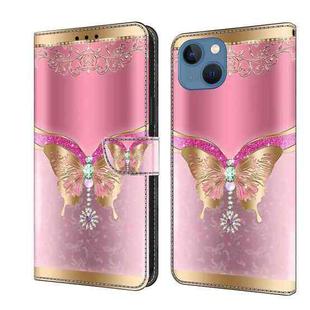 For iPhone 15 Crystal 3D Shockproof Protective Leather Phone Case(Pink Bottom Butterfly)