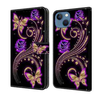For iPhone 15 Crystal 3D Shockproof Protective Leather Phone Case(Purple Flower Butterfly)