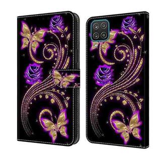 For Samsung Galaxy A12 4G / 5G Crystal 3D Shockproof Protective Leather Phone Case(Purple Flower Butterfly)