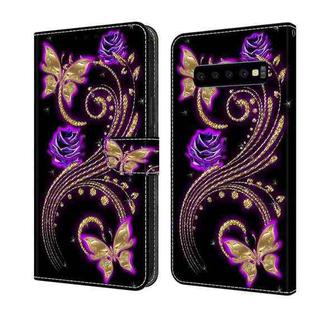 For Samsung Galaxy S10 Crystal 3D Shockproof Protective Leather Phone Case(Purple Flower Butterfly)