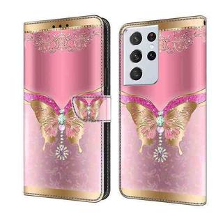 For Samsung Galaxy S21 Ultra Crystal 3D Shockproof Protective Leather Phone Case(Pink Bottom Butterfly)