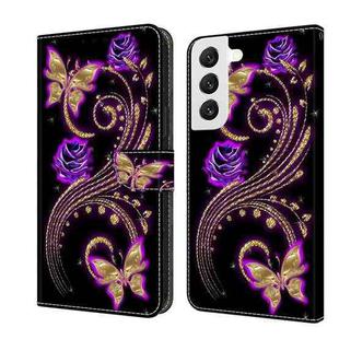 For Samsung Galaxy S22 Crystal 3D Shockproof Protective Leather Phone Case(Purple Flower Butterfly)
